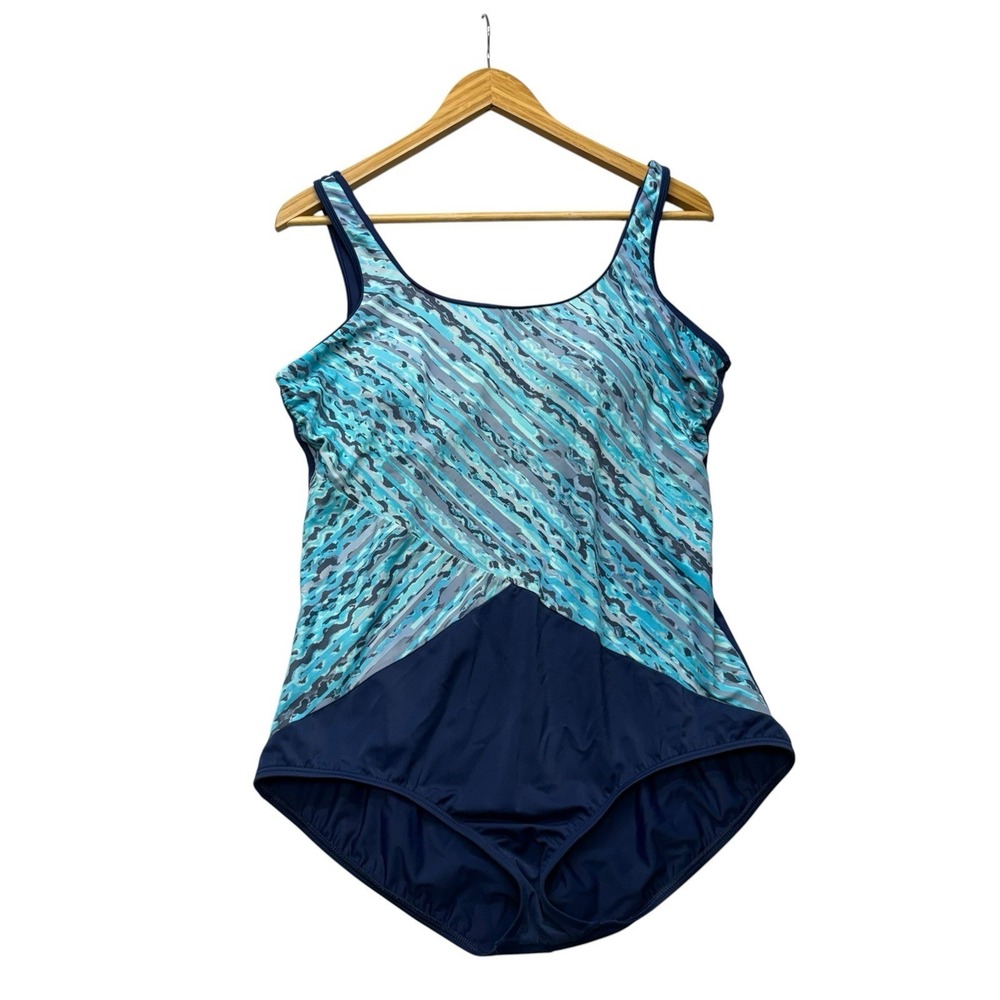 Lands End Womens Swimsuit 16 Navy Blue One Piece Swim Slimming Modest Flattering